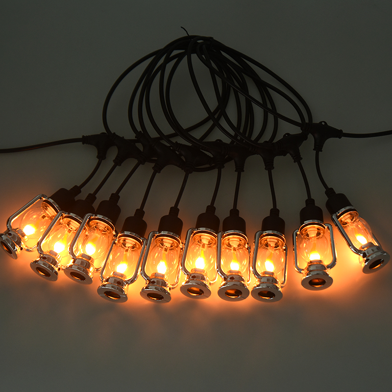 Cuerda de luz de llama estilo linterna de carruaje vintage (plata, 5 metros 10 luces)